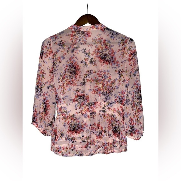 Elle Women Floral Chiffon Faux Wrap Lace Blouse Small Sheer Cottage Prairie - Picture 2 of 9